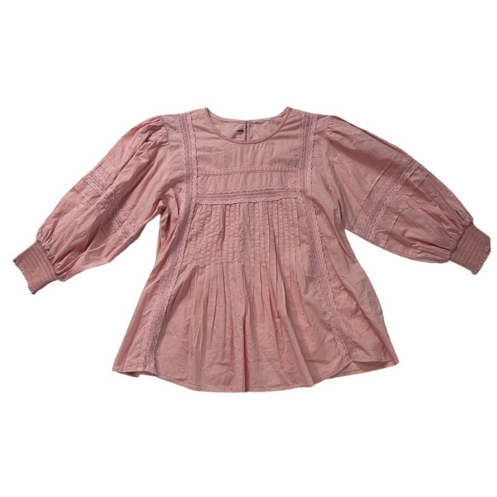 Sweet Salt Cotton Pink Lace Pleated Boho Peasant Blouse M Coquette Barbiecore